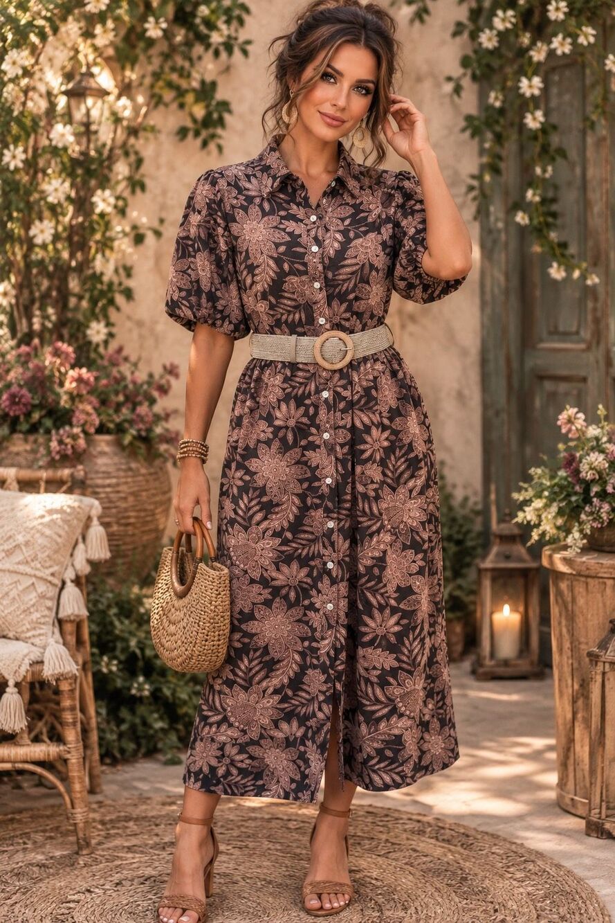 Chenault woman’s Large Brown Floral Paisley Puff Sleeve Button Down Midi Dress